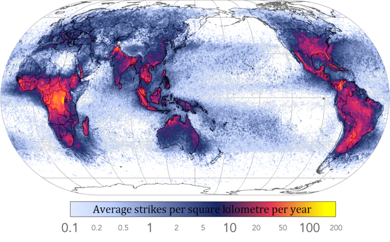 lightning density over the world
